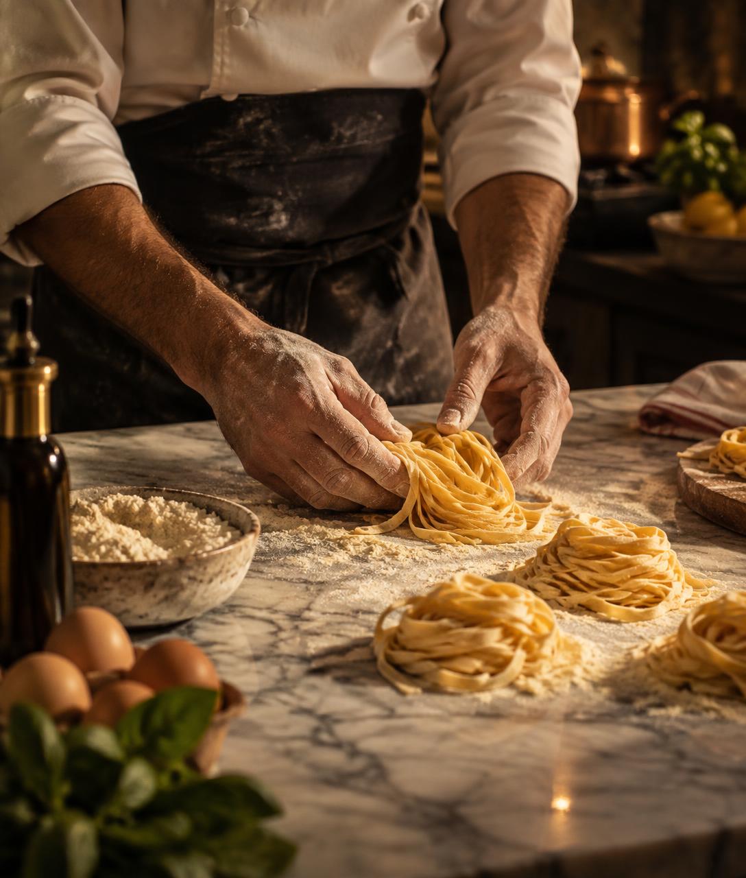 Chef shaping fresh handmade pasta at Limoncello